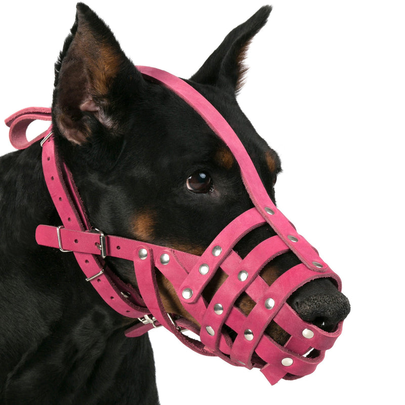 CollarDirect Leather Dog Muzzle German Shepherd Dalmatian Doberman Setter Basket Medium Large Breeds Pink Gray L Chestnut Brown - BeesActive Australia
