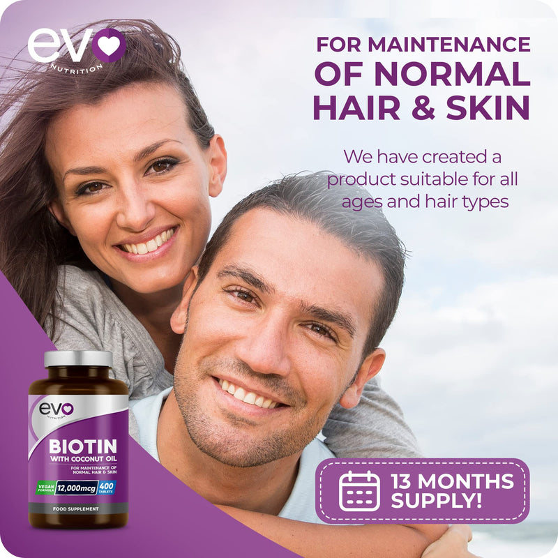 Biotin Hair Growth Supplement 12,000mcg with Coconut Oil | 400 High Strength Biotin Tablets for Hair - 13 Month Supply | Vitamin B7 | Supports Normal Skin & Hair Growth | Made in UK by EVO Nutrition - BeesActive Australia