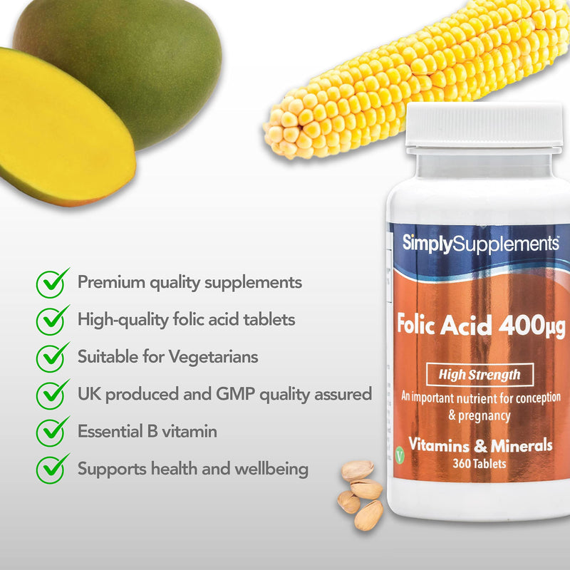 Folic Acid (Vitamin B9) 400mcg | 360 Tablets = Up to 1 Year Supply | Vegan & Vegetarian Friendly | Pregnancy Care | Manufactured in The UK - BeesActive Australia