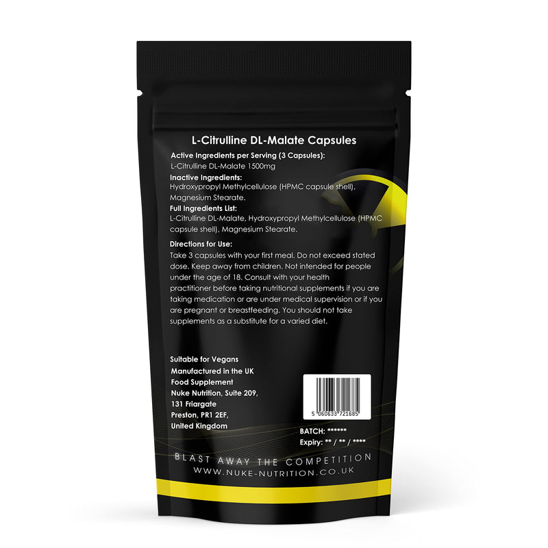 Nuke Nutrition L Citrulline Malate Capsules | 120 Capsules | High Strength 1500mg Dose Supplement | Boost Circulation, Performance & Muscle Recovery | 100% Natural, Preservative & Filler Free | Vegan 120 Count (Pack of 1) - BeesActive Australia