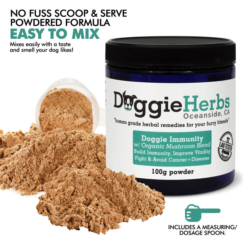 Doggie Herbs Immunity for Dogs Organic Mushrooms 22.3% Beta Glucan - Canine Health & Immunity Boost Dog Supplements - Herbal Powder w Dose Scoop -100g - BeesActive Australia