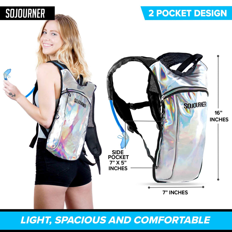 Sojourner Hydration Pack, Hydration Backpack - Water Backpack with 2l Hydration Bladder, Festival Essential - Rave Hydration Pack Hydropack Hydro for Hiking, Running, Biking, Festival Gear Holographic - Silver - BeesActive Australia