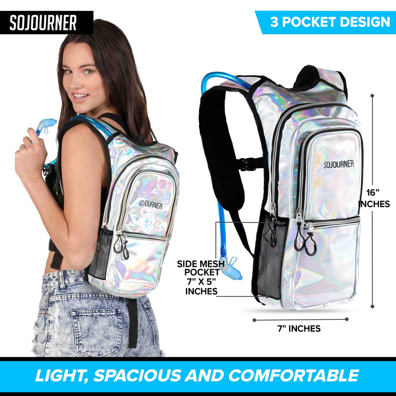 Sojourner Hydration Pack, Hydration Backpack - Water Backpack with 2l Hydration Bladder, Festival Essential - Rave Hydration Pack Hydropack Hydro for Hiking, Running, Biking, Festival Gear Holographic - Silver - BeesActive Australia