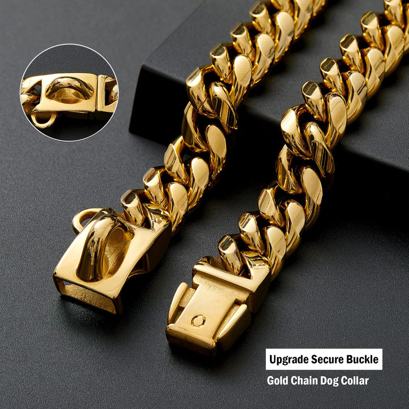 Strong Stainless Steel Gold Dog Collars with Safety Buckle Lock,14MM Cuban Link Chain Training Collar,Dog Necklace Walking Collar for Small Medium & Large Dogs 18 Inch - BeesActive Australia