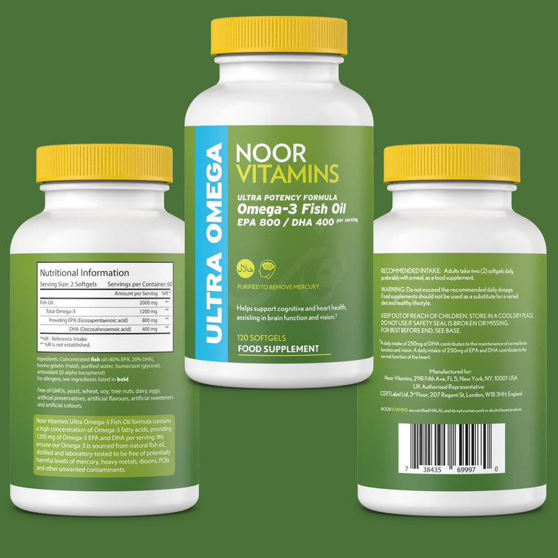 Halal Fish Oil, Halal Vitamins, Fish Oil Halal by Noor Vitamins, Ultra Omega 3 Wild Peruvian Fish Oil (800 mg EPA & 400 mg DHA) Heart, Brain & Joint Support, Non-GMO & Gluten Free (120 Count) - BeesActive Australia