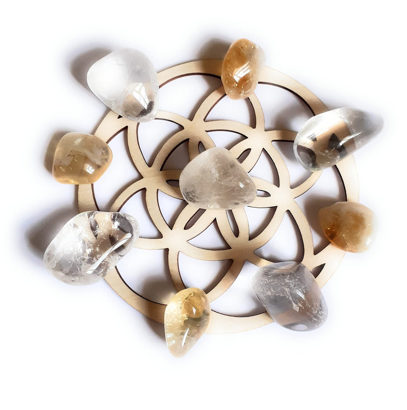 Positive Energy Crystal Grid Seed of Life Mini Set - Citrine, Clear Quartz Crystals tumblestones Reiki Charged - BeesActive Australia