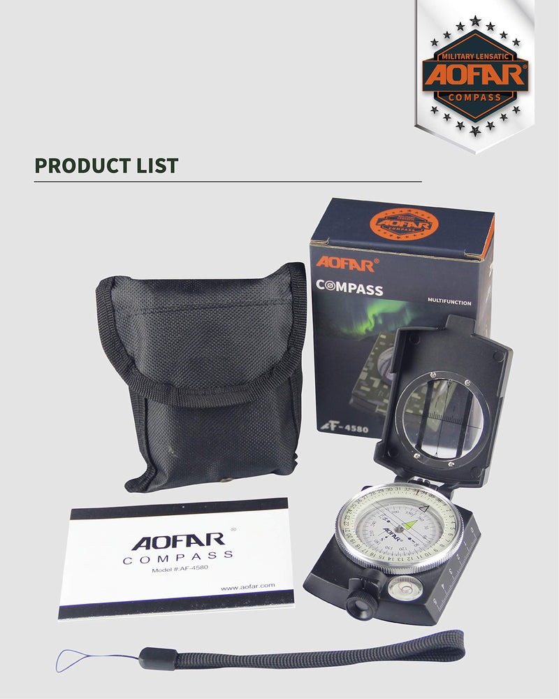 AOFAR Military Compass,AF-4580 Lensatic Sighting, Waterproof and Shakeproof with Map Measurer Distance Calculator, Pouch for Camping, Hiking Black - BeesActive Australia