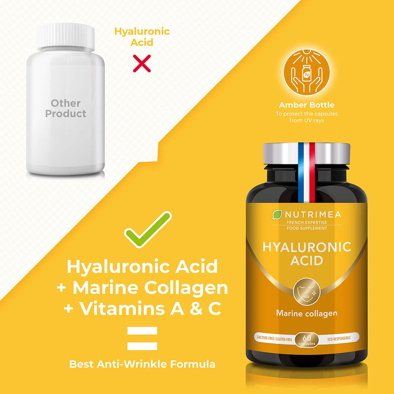 Hyaluronic Acid & Marine Collagen - Enriched with Vitamins A & C - Natural Anti-Wrinkle, Restructure Skin, Protect Joints and Anti-Aging - New Formula - Plant-Based Capsules - French Expertise - BeesActive Australia