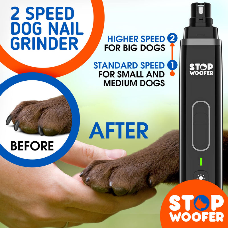 STOPWOOFER Dog Nail Grinder with 2 LED Light for S/M/L Dogs - New Version 2-Speed Powerful Electric Pet Nail Trimmer Quiet Painless Paws Grooming - Rechargeable Pet Nail Grinder for Dogs Black - BeesActive Australia