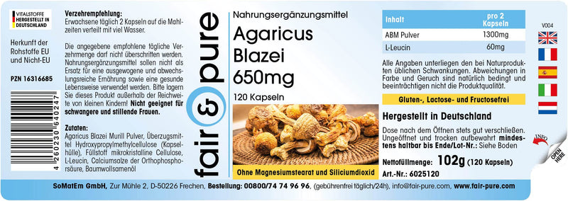 Agaricus Blazei 650mg, ABM Mushroom, Agaricus Blazei Murill, Vegan, Without Magnesium Stearate, 120 Capsules - BeesActive Australia