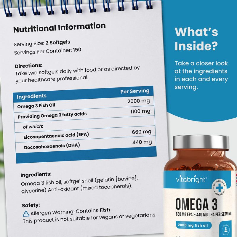 Omega 3 Pure Fish Oil 2000mg - 300 Softgel Capsules (5 Months Supply) - 660mg EPA & 440mg DHA per Serving - Supports Brain, Heart Function and Eye Health - Made in The UK by VitaBright - BeesActive Australia