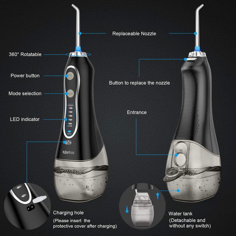 H2ofloss Water Flosser Portable Dental Oral Irrigator with 5 Modes, 6 Replaceable Jet Tips, Rechargeable Waterproof Teeth Cleaner for Home and Travel -300ml Detachable Reservoir - BeesActive Australia