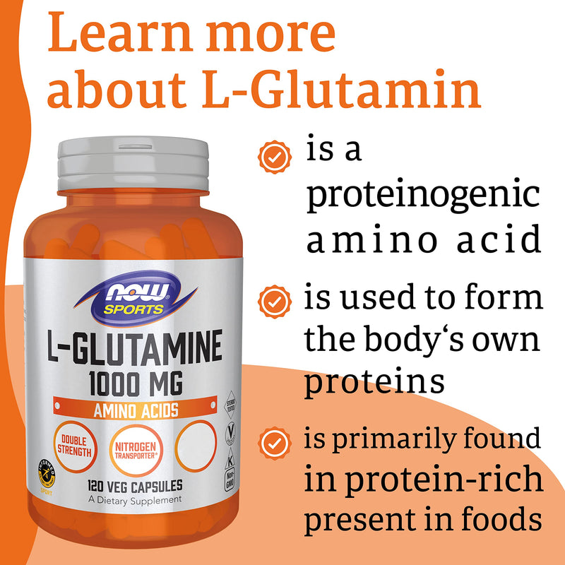 Now Foods, L-Glutamine, Double Strength, 1.000mg, 120 Capsules, Lab-Tested, Amino Acid, Gluten Free, Soy Free, Non-GMO - BeesActive Australia