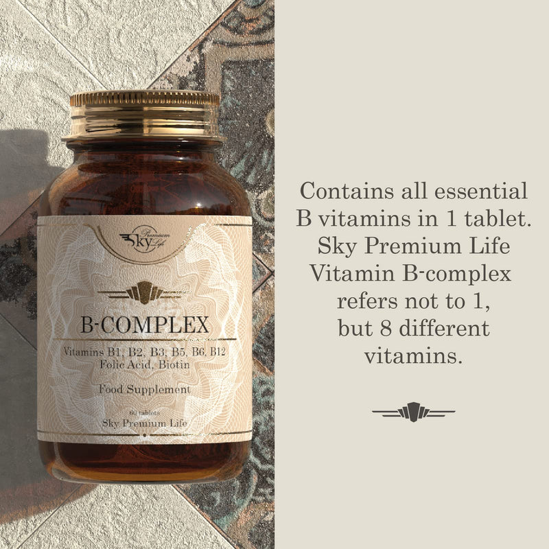 Sky Premium Life Vitamin B Complex with Vitamins B1, B2, B3, B5, B6, B12, Folic Acid & Biotin - 60 Tablets (1 Pack) - BeesActive Australia