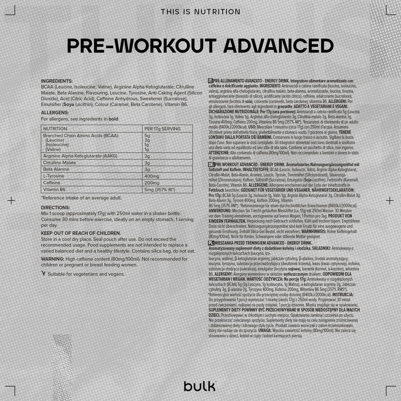 Bulk Pre Workout Advanced, Energy Drink Flavour, 500 g, Packaging May Vary - BeesActive Australia