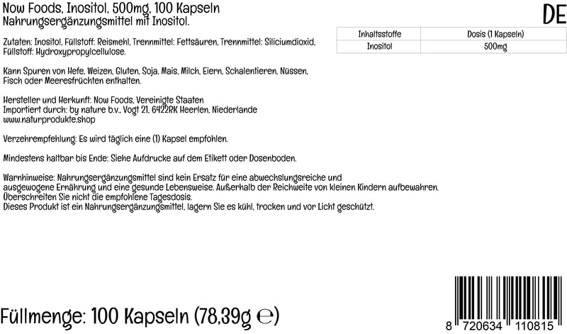 Now Foods, Inositol, 500mg, 100 Vegan Capsules, Lab-Tested, Vitamin B8, Gluten Free, SOYA Free, Vegetarian - BeesActive Australia