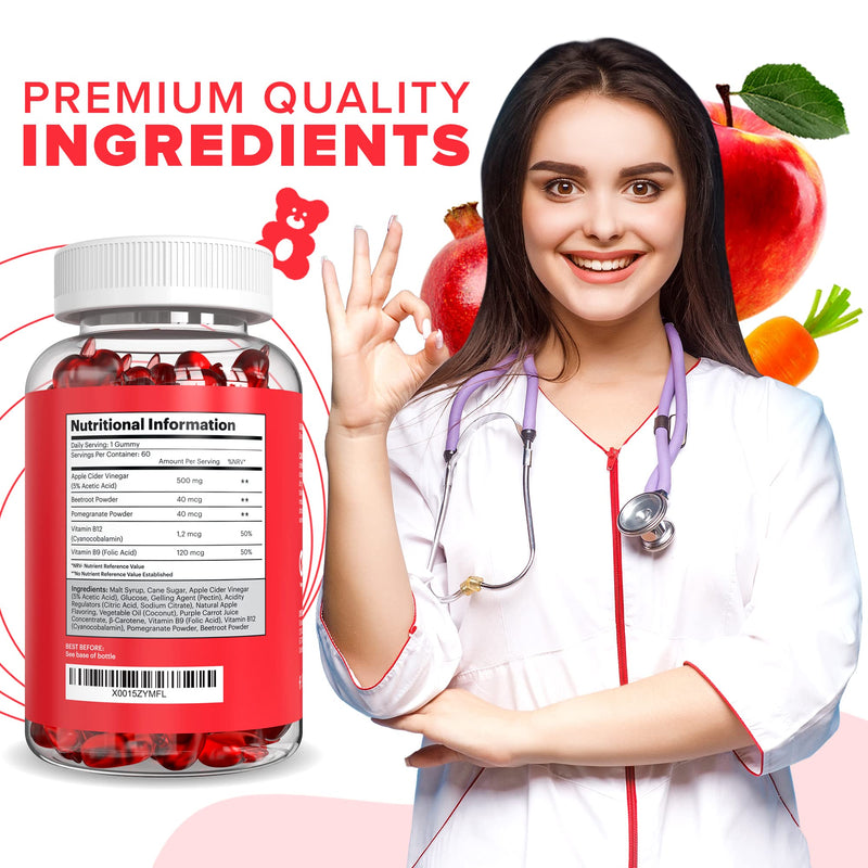 Apple Cider Vinegar Gummies | Raw, Unfiltered ACV with “The Mother”, Vitamin B9, Vitamin B12 | Gluten-Free, Non-GMO, Vegan, 60 Count | Gummy Alternative to Apple Cider Vinegar Capsules - BeesActive Australia