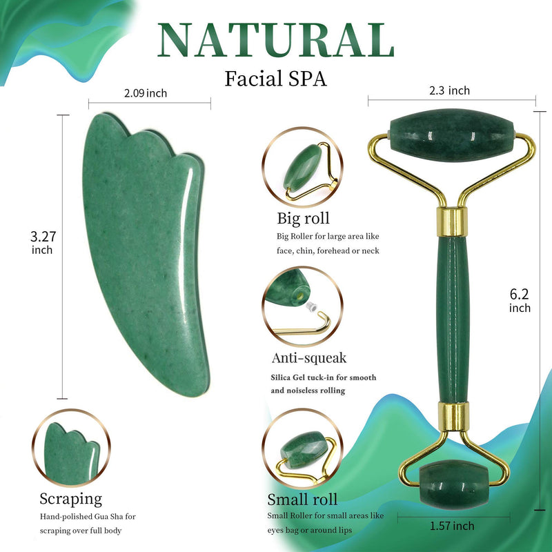 ZANBO Face Jade Roller and Gua Sha Set, Authentic Jade Stone Facial Rollers for Skin Care and Beauty, Eye Massage Guasha Tools for Lymphatic Drainage Green - BeesActive Australia