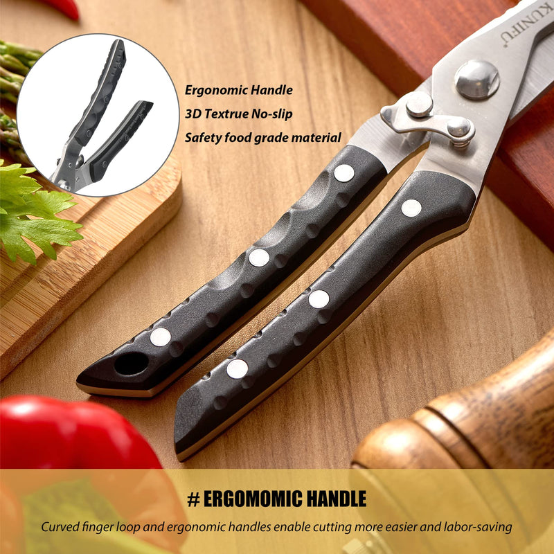 KUNIFU All Purpose Poultry Shears, Full Tang Heavy Duty Blades Kitchen Scissors, Dishwasher Safe and Stainless Cooking Cutter for Food, Chicken, Turkey, Meat, Beef, Bone, Veg, Fish, Herbs, BBQ Black - BeesActive Australia