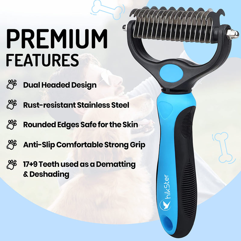 Hikster Undercoat Rake for Dogs & Cats with Pet Comb, Pet Grooming Brush, Double-Sided Dog Deshedding Tool Removes Knot & Tangled Hair, Dematting Comb for Dogs with Dog Comb for Grooming (Set, Blue) - BeesActive Australia