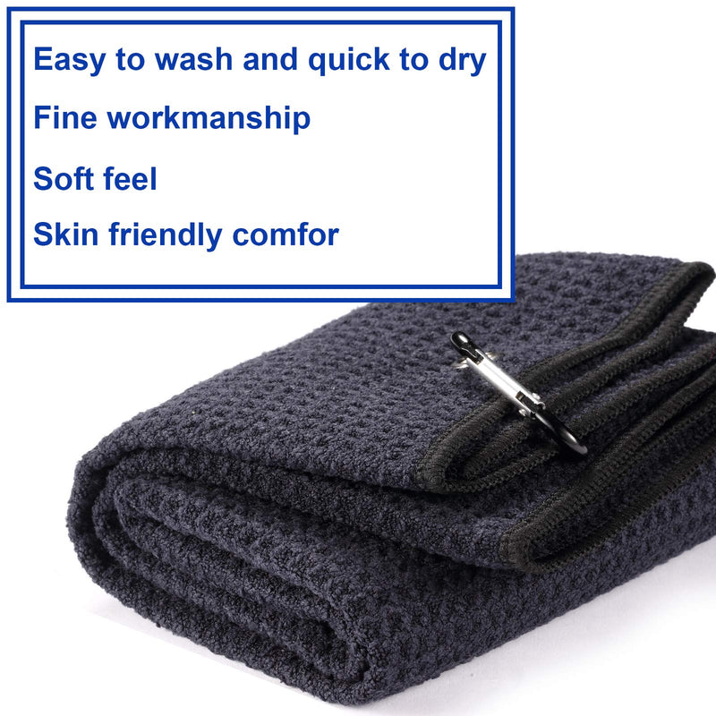 Fpxnb 2 Pack Tri-fold Golf Towel Set, Microfiber Fabric Waffle Pattern Towels, Heavy Duty Carabiner Clip (2 Pcs, 2 Colors) 1: All Black + Grey (Black Edge) - BeesActive Australia