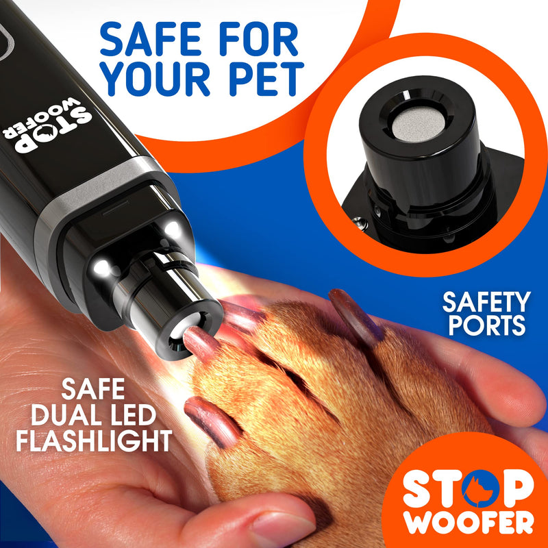 STOPWOOFER Dog Nail Grinder with 2 LED Light for S/M/L Dogs - New Version 2-Speed Powerful Electric Pet Nail Trimmer Quiet Painless Paws Grooming - Rechargeable Pet Nail Grinder for Dogs Black - BeesActive Australia