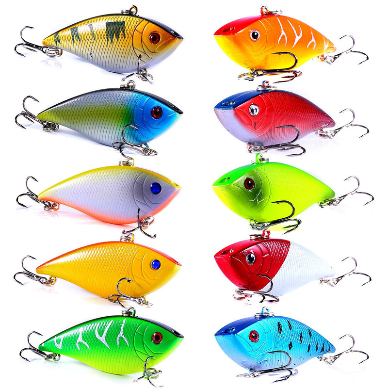 [AUSTRALIA] - PLUSINNO Fishing Lures for Bass, 10pcs Hard Bait Minnow VIB Lure Lures with Portable Carry Bag, 3D Fishing Eyes Swimbait Lure Popper Crankbait Fishing Bait Vibe Sinking Lure for Bass Trout Walleye 