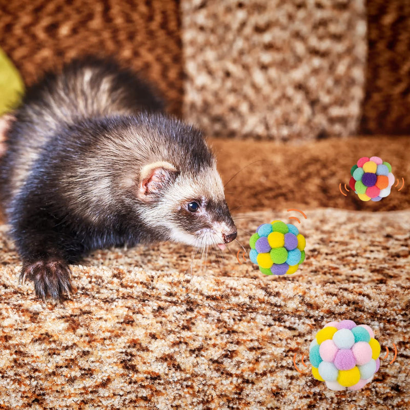 HAICHEN TEC 6 Pack Ferret Toys Ball Set - Woolen Yarn Ferret Balls with Built-in Bell Soft Colorful Pompom Balls Interactive Sound Toy Exercise Scratch Play Chew Toys for Indoor Pet Ferret Cat Kitten - BeesActive Australia