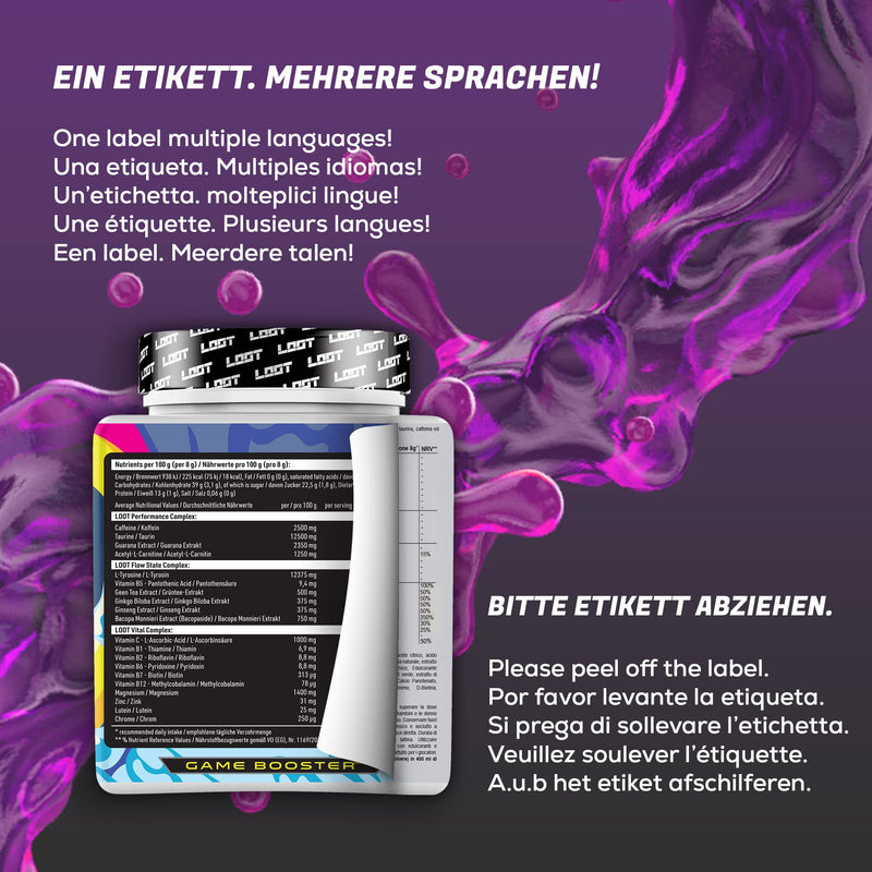 LOOT® - Premium Game Booster with The Flow-State® Formula | 50 Servings (400g) with Caffeine | 20 High Dose Ingredients | Unique Design | Concentration Stamina Reactivity | Sour Shock - BeesActive Australia