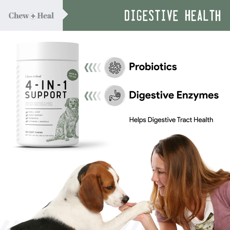 Chew + Heal All in 1 Dog Vitamin - Soft Chew Treats - Chewable Multivitamin with Probiotics, Digestive Enzymes, for Skin and Coat, Hip and Joint Support - with Omega, Calcium - Made in The USA 120 Count - BeesActive Australia