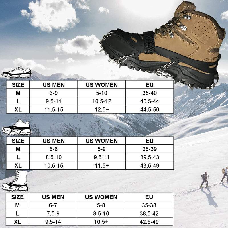 TENSPAL Crampons Traction Ice Cleats Grippers Shoe Ice Snow Grips Slip-on Stretch Footwear for Hiking Walking Climbing Fishing Jogging with 10 Steel Studs Anti-Slip Microspikes Stainless Steel Spikes 24 Teeth Black Large - BeesActive Australia