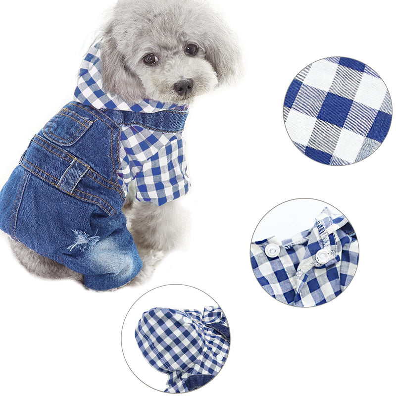 Pet Clothes Denim Dog Jeans Jumpsuit Striped or Grid Overall Hoodie Coat for Small Medium Puppy Cat Blue Plaid - BeesActive Australia