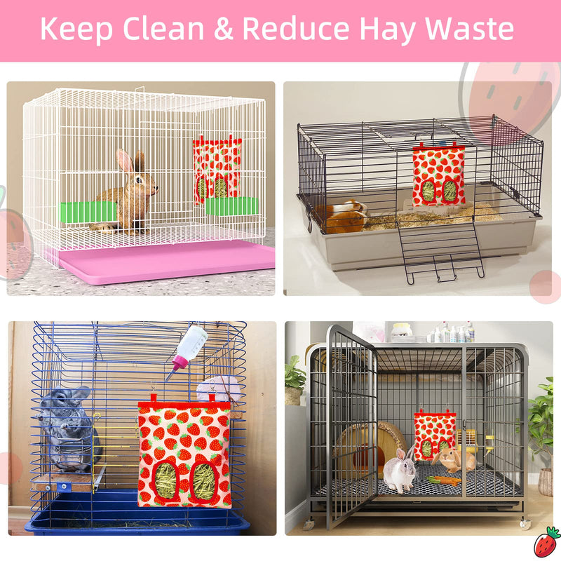 Rabbit Hay Feeder for Cage, Upgraded Hanging Guinea Pig Hay Feeder Bag for Rabbits Bunny Chinchilla Hamster with 3 Hooks, Mess Free Small Animals Grass Holder, 9.8x11.4Inch, 2 Reinforced Holes Strawberry - BeesActive Australia