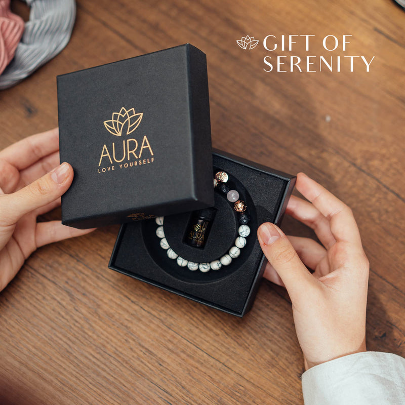 AURA LOVE YOURSELF Relaxation Gift for Women Healing Stress Relief Gift for MUM Lava Rock Bracelet Yoga Beads with Lavender Essential Oil Calming Aromatherapy Diffuser Stone Beaded Bracelet Self Care White Howlite Lava - BeesActive Australia