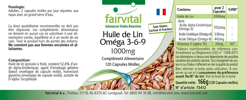 Fairvital | Flax Oil Linseed Omega 3-6-9 - Cold-Pressed - 120 softgels - Rich in Alpha-linolenic Acid - BeesActive Australia