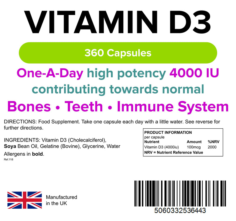 Lindens Vitamin D3 4000IU 360 Capsules for a Healthy Immune System � Sunshine Vitamin, Reduces Tiredness and Supports Healthy Bones and Teeth � 2000% NRV � UK Manufacturer, Letterbox Friendly 360 Count (Pack of 1) - BeesActive Australia