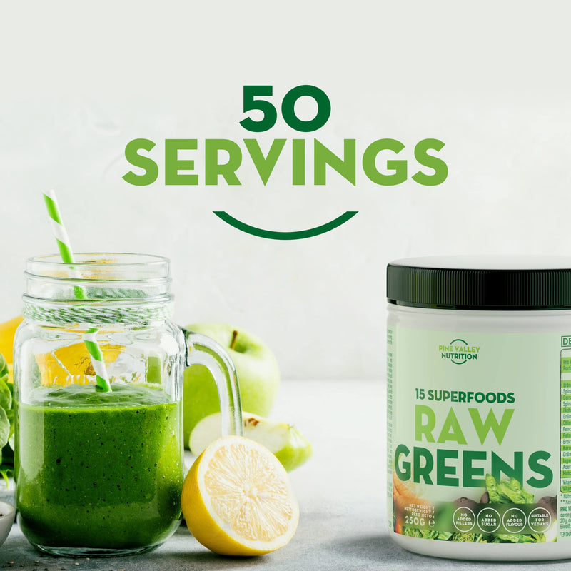 Raw Greens � Ultimate Natural Blend with 15 Premium Superfoods and Vegetables - Vegan Super Greens Powder Including Green Tea, Spirulina, Ginger Root & Pea Protein (50 Servings, 250g) - BeesActive Australia