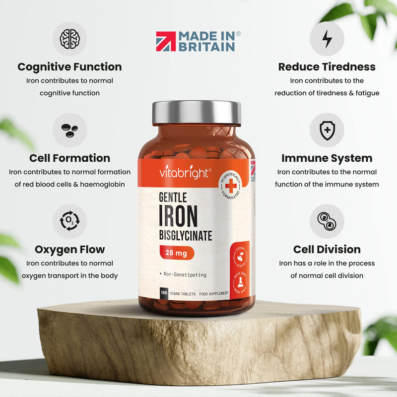 Gentle Iron Tablets 28mg - 180 Vegan Tablets (3 Month Supply of Iron Supplements) Gentle Iron Bisglycinate Chelate for Men & Women. 200% NRV Iron Pills for Tiredness & Fatigue, Blood & Immune System - BeesActive Australia