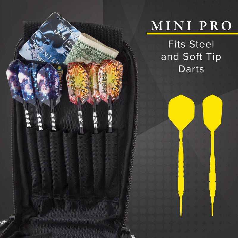 Casemaster Mini Pro Black Leatherette Dart Case with Room for 6 Darts, Steel Tip or Soft Tip, with Slim Profile Leather-Like Covering and Built-in Pockets for Flights, Shafts and Tips - BeesActive Australia
