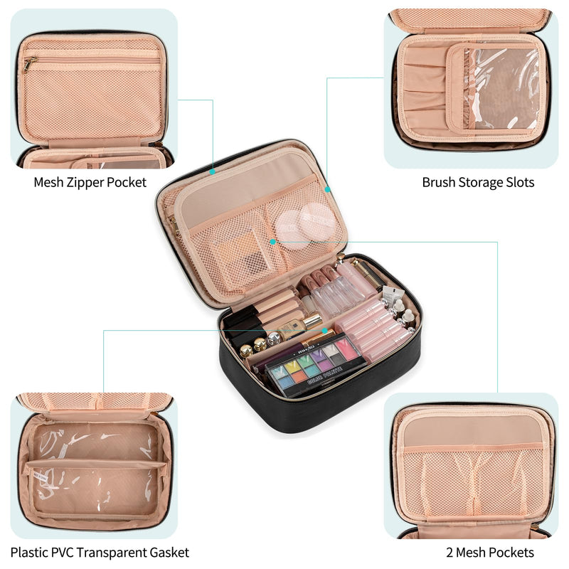 OCHEAL Makeup Bag, Potable Make up Bag Cute Makeup Organizer Bag for Toiletry Cosmetics Accessories with Divider and Brushes Compartments, Makeup Travel Case Cosmetic Bags Women and Girls- Black 001_Black Standard size(pack of 1) - BeesActive Australia