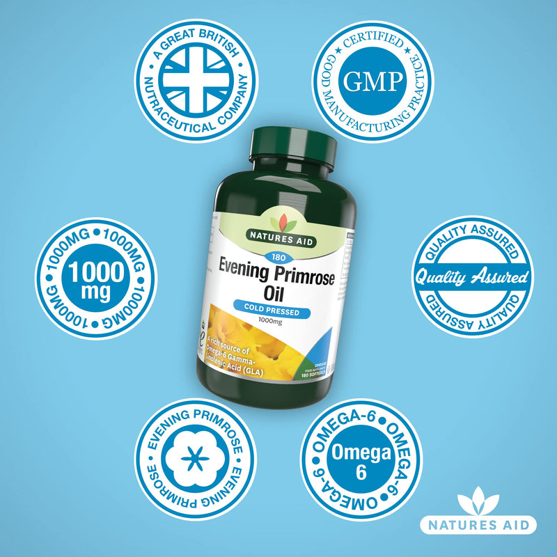 Natures Aid Evening Primrose Oil 1000 mg, Cold Pressed, Omega-6 GLA, 180 Softgel Capsules 180 Count (Pack of 1) - BeesActive Australia