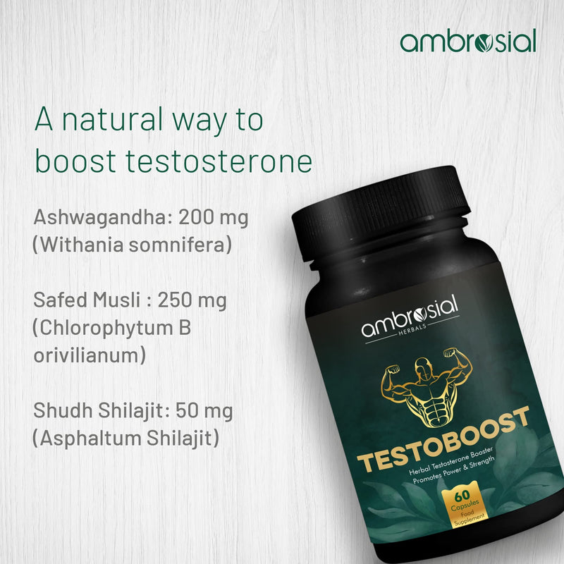 Ambrosial Testoboost Ultra Premium Herbal Testosterone Booster for Men | Blend of 3 Natural Herbs Testosterone Supplements for Men | Support Muscle Growth & Energy Boost (Pack of 1-60 Capsules) Pack of 1- 60 Capsules - BeesActive Australia