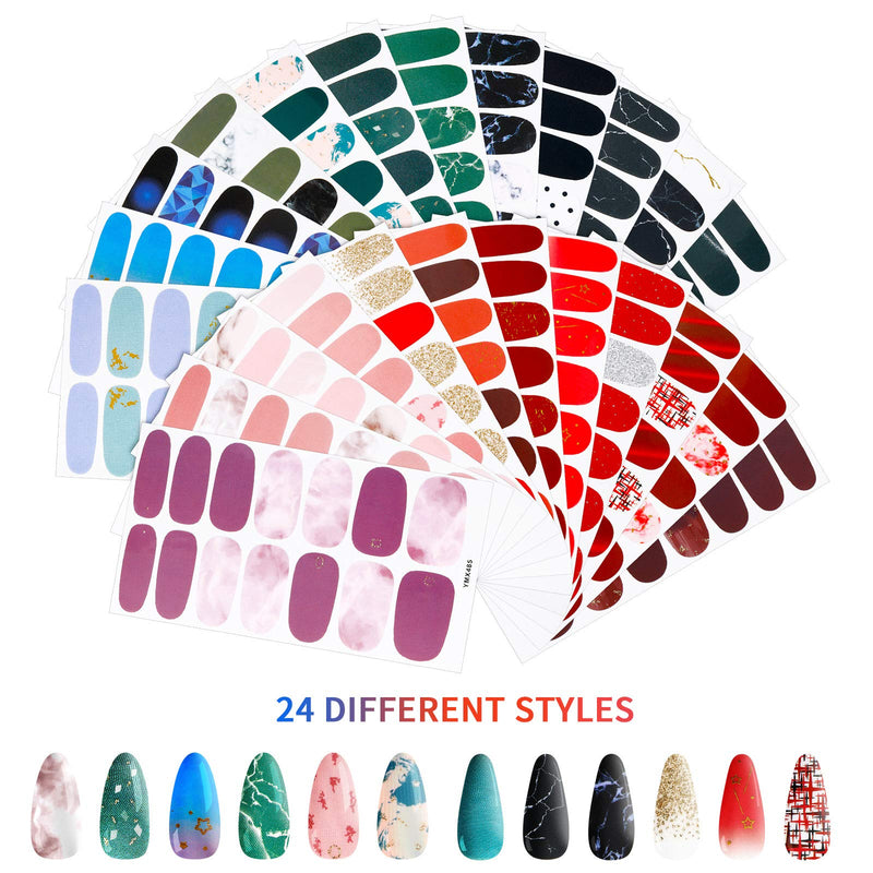 336 Pieces 24 Sheets Full Wrap Nail Polish Sticker Self-Adhesive Nail Art Decals Strips Full Cover Nail Wraps Stickers with Glass Nail File for Women Girls Nail Art Manicure Supplies - BeesActive Australia