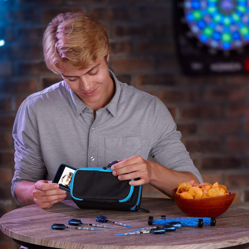 Casemaster Plazma Pro, 6 Dart Case for Soft and Steel Tip Darts, Features Large Front Mobile Device Pocket, Built-In Storage Tubes and Pockets for Flights, Tips, Shafts, and Personal Items Blue Trim - BeesActive Australia
