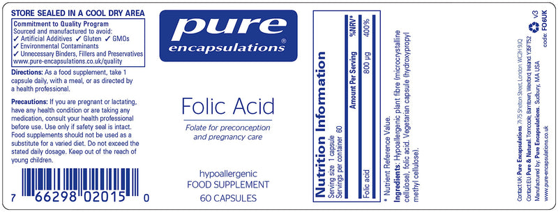 Pure Encapsulations - Folic Acid 800 UG - Folate for Preconception and Pregnancy Care - 60 Vegetarian Capsules - BeesActive Australia