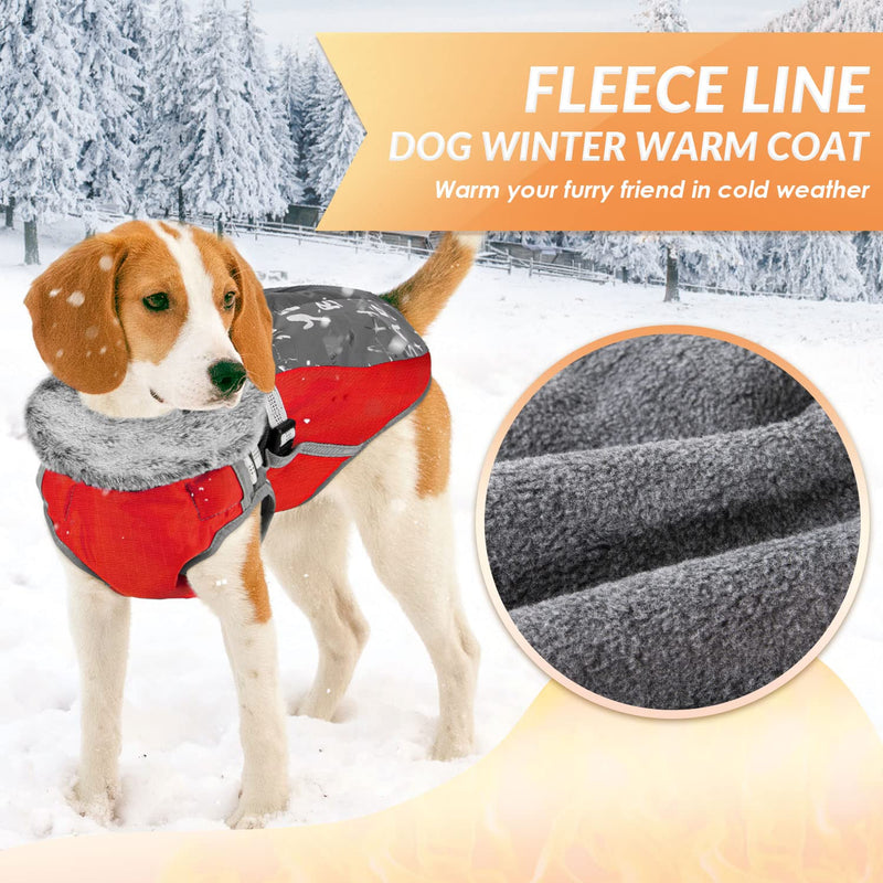 SlowTon Winter Dog Coat with Detachable Harness, Waterproof Fleece Lining Warm Dog Clothes for Small Medium Dogs, Reflective Adjustable Furry Jacket Outdoor Walking Puppy Vest Apparel (Red M) Medium (Chest 17.2"-20.2") Red&Grey - BeesActive Australia
