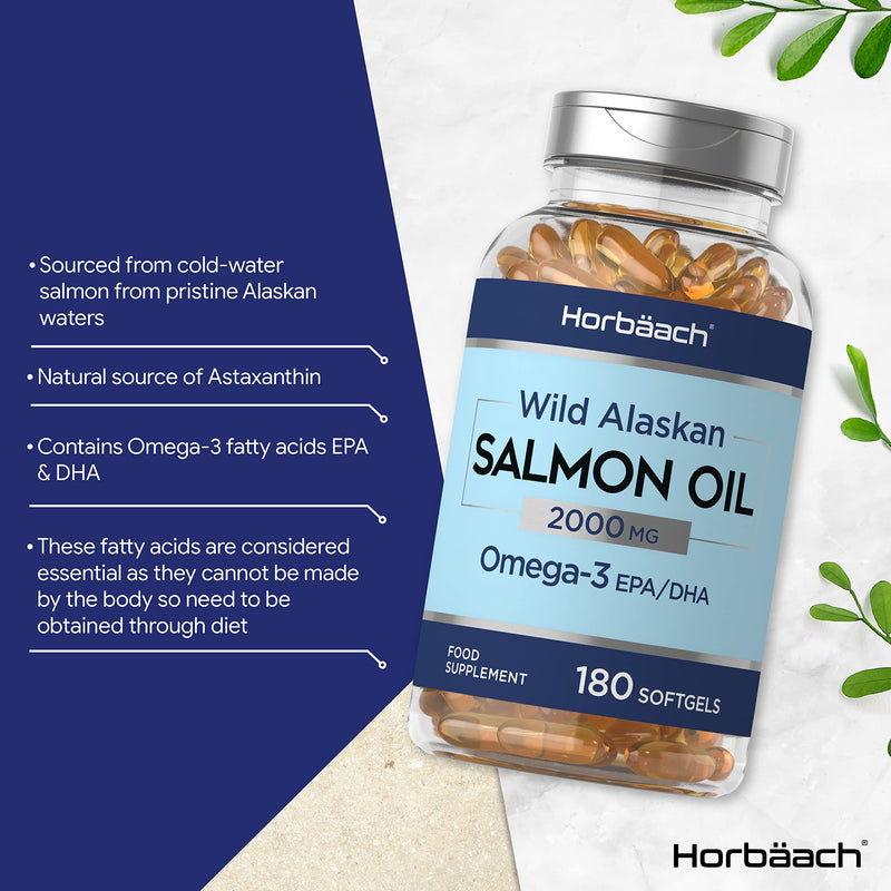 Salmon Oil 2000mg | 180 Softgel Capsules | Omega 3 Fish Supplement for Humans | with EPA/DHA Fatty Acids | Wild Alaskan | by Horbaach - BeesActive Australia