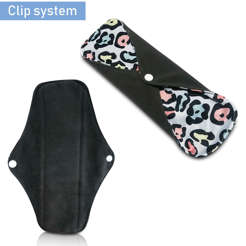 Large Reusable / Washable Menstrual / Sanitary Towels / Pads (6 Pads / washbag / travelbag ) an eco Friendly Alternative Made with Bamboo Charcoal by Infinityeco - Pop Leopard (Large) With Wings Large - BeesActive Australia