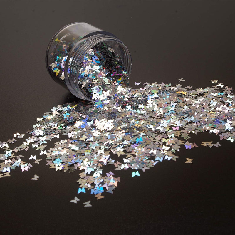 SIUSIO 10g Laser Silver Chunky Glitter Butterfly Sequin Nails Art Decorations Accessories Ultra Thin Holographic Flake for Designer or Beginners DIY Design and Face Body Eye Hair Makeup - BeesActive Australia
