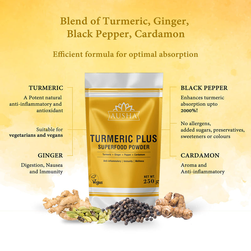 Turmeric Powder (Curcumin) with Black Pepper + Ginger + Cardamom - 250g | High Strength | Cooking | Joint Pain Relief - BeesActive Australia